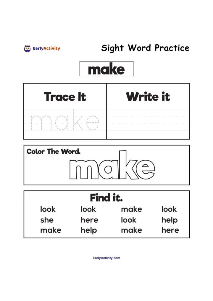 Worksheet showing the sight word “make” for tracing, writing, colouring and finding among similar words.