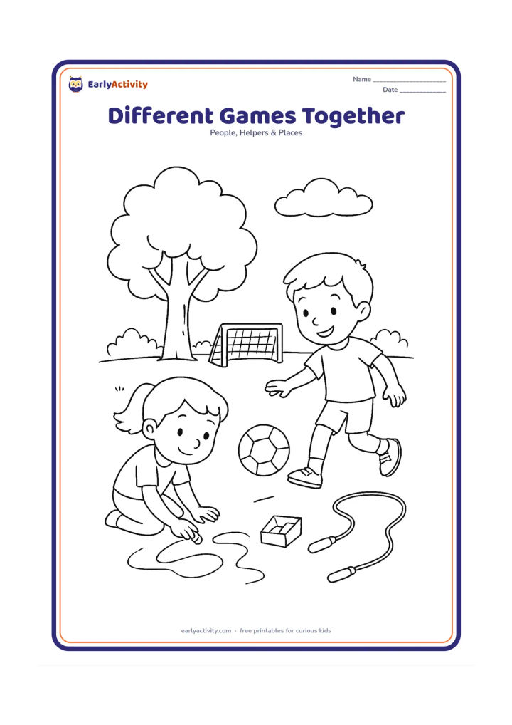 Colouring page: Two friends enjoy different activities in the same park: one rolls a ball toward a goal while the other draws with sidewalk chalk on a blank ground area. Include a tree, a small goal, a…