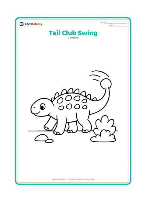 Colouring page: An Ankylosaurus turns its body while gently swinging its heavy club tail toward a pair of harmless bushes. Use a wide empty background with only a ground line and two rocks.