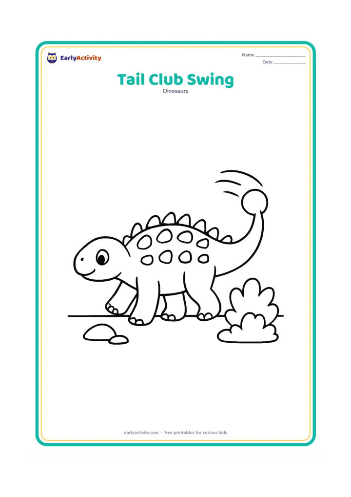 Colouring page: An Ankylosaurus turns its body while gently swinging its heavy club tail toward a pair of harmless bushes. Use a wide empty background with only a ground line and two rocks.