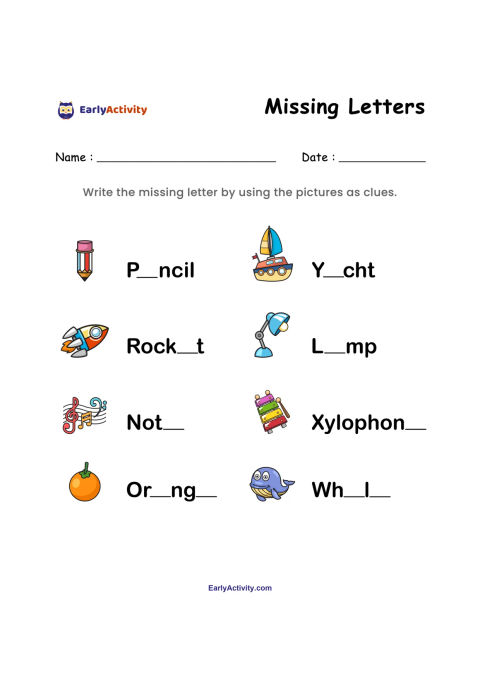 Worksheet page with picture clues for completing missing letters in words including pencil, yacht, rocket, lamp, note, xylophone and orange.