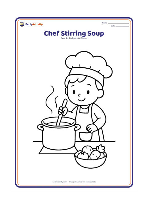 Colouring page: A child chef stirs a large pot on a safe kitchen work surface using a long spoon. Include vegetables in a bowl nearby and a simple apron pocket.
