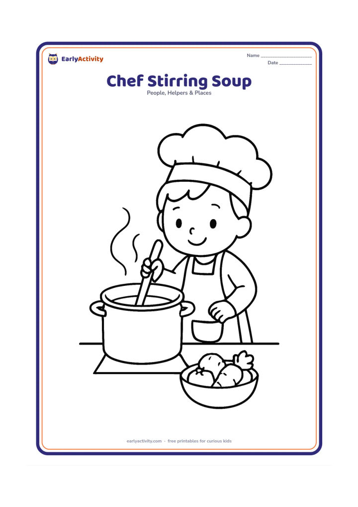 Colouring page: A child chef stirs a large pot on a safe kitchen work surface using a long spoon. Include vegetables in a bowl nearby and a simple apron pocket.