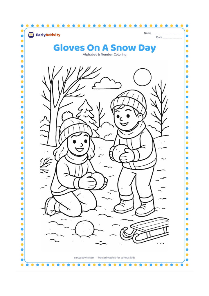 Colouring page: Two children wearing gloves make snowballs in a snowy park surrounded by bare trees, evergreen branches, footprints, and a small sled. Show a bright daytime winter setting.