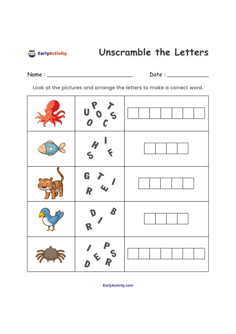 Worksheet with pictures of an octopus, fish, tiger, bird and crab, scrambled letters, and answer boxes.