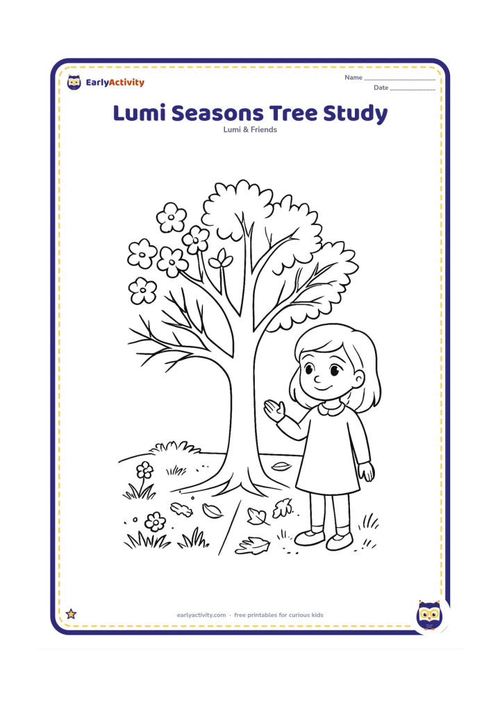 Colouring page: Show Lumi standing beside one large tree whose four broad branches suggest spring blossoms, summer greenery, autumn leaves and winter bare twigs. Add small ground areas with flowers,…
