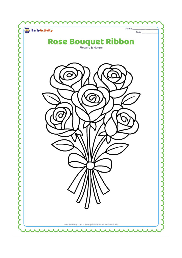Colouring page: Draw a small bouquet of five roses tied with a plain ribbon, with overlapping blooms, several leaves, and curved stems gathered below.