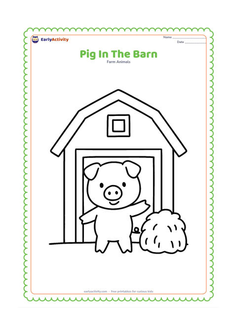 Colouring page: A cheerful pig stands in the open doorway of a simple barn, with a large hay bale on one side and a small window shape behind it.