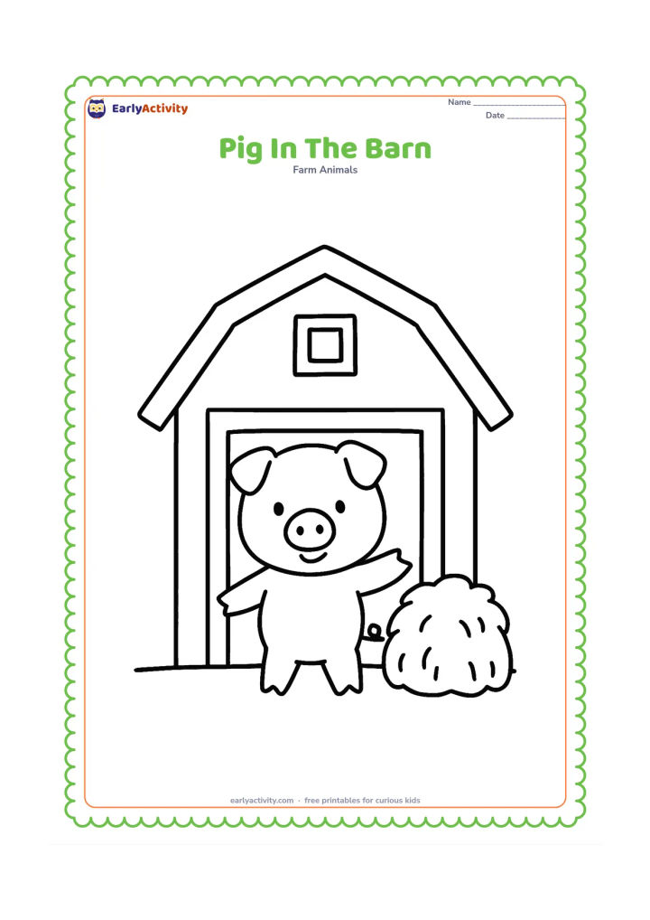 Colouring page: A cheerful pig stands in the open doorway of a simple barn, with a large hay bale on one side and a small window shape behind it.