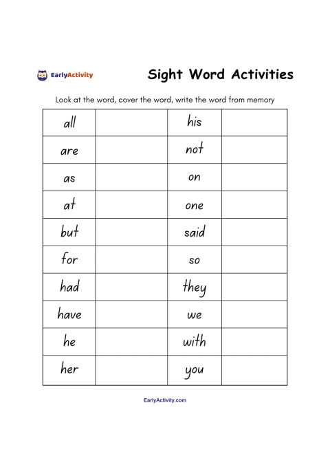Worksheet with two columns of sight words and blank spaces for children to cover each word and write it from memory.