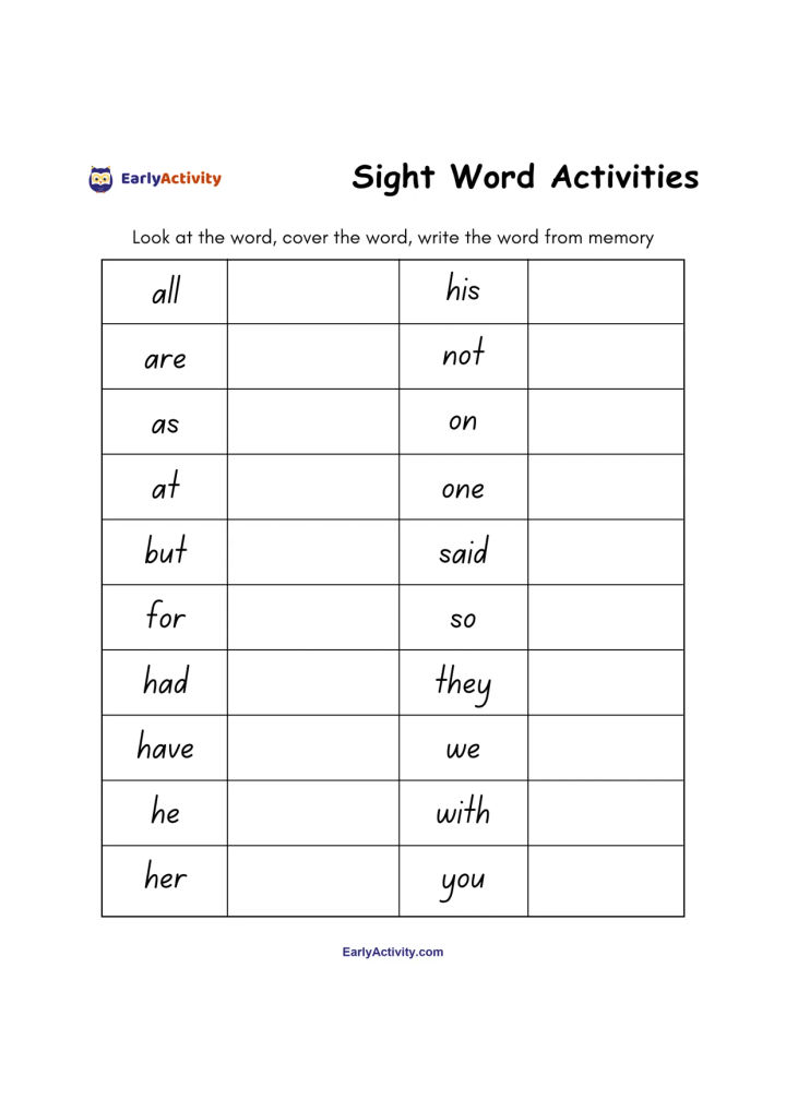 Worksheet with two columns of sight words and blank spaces for children to cover each word and write it from memory.