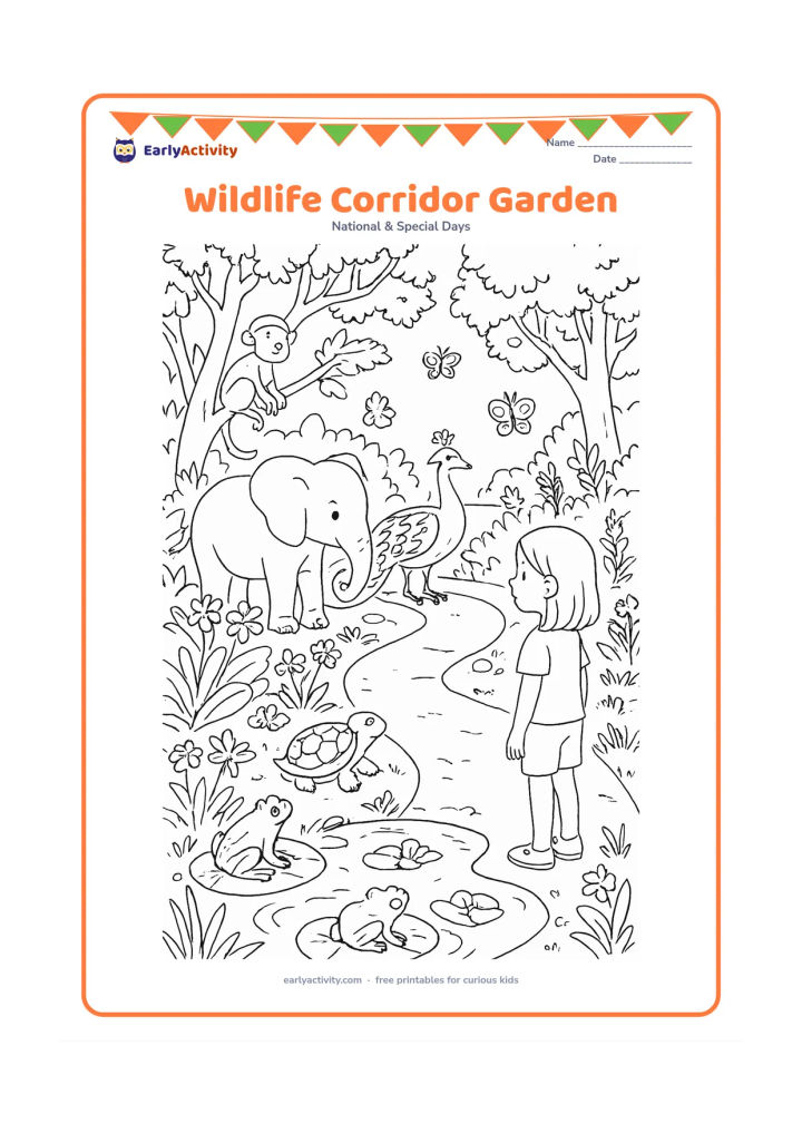Colouring page: Draw a detailed garden corridor connecting a woodland to a pond, with an elephant, monkey, peacock, tortoise, frogs and butterflies moving safely among native trees and flowers. Include…