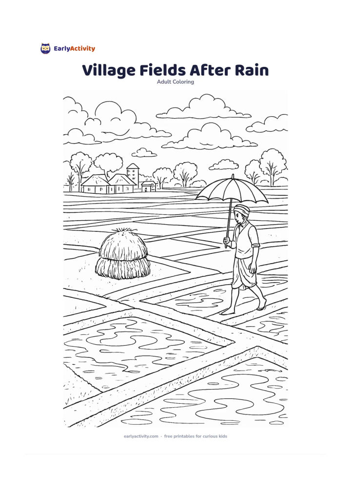 Colouring page: Fresh fields beside an Indian village after rain, with narrow raised paths, puddles reflecting clouds, bundled hay, distant trees and a farmer walking with an umbrella. Arrange the field…