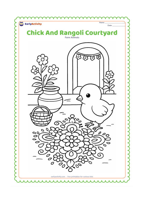 Colouring page: Draw a chick standing beside a broad floral rangoli pattern in an Indian courtyard. Include a clay water pot, a woven basket, flowering plants, and a doorway with a hanging garland,…