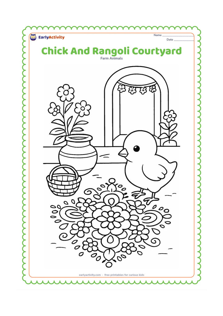 Colouring page: Draw a chick standing beside a broad floral rangoli pattern in an Indian courtyard. Include a clay water pot, a woven basket, flowering plants, and a doorway with a hanging garland,…