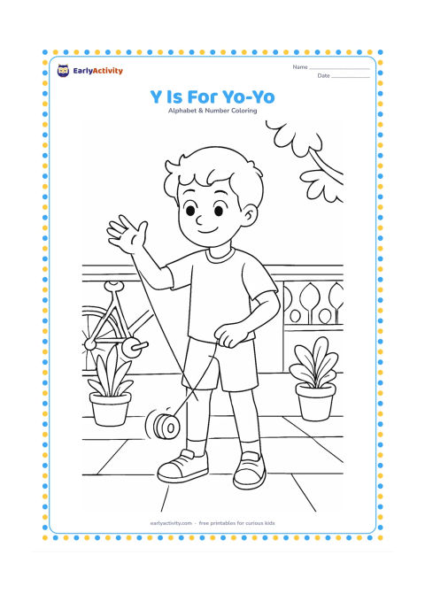 Colouring page: Draw a child practising a yo-yo trick in a courtyard, with the yo-yo string extended, potted plants, a bicycle and a patterned but simple veranda railing behind. Show the motion clearly.