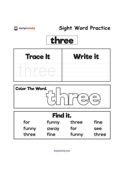 Worksheet for practising the sight word “three”, with tracing, writing, colouring and word-finding activities.