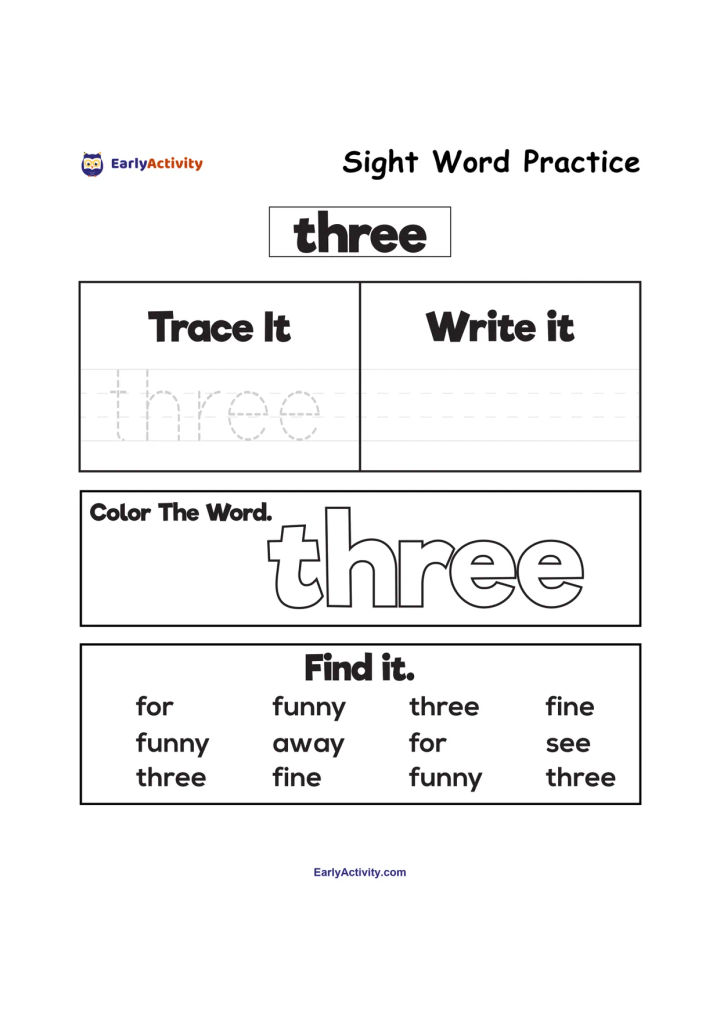 Worksheet for practising the sight word “three”, with tracing, writing, colouring and word-finding activities.