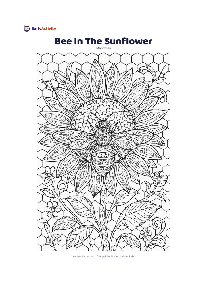 Colouring page: Show a honeybee resting at the centre of a large sunflower, with its wings and body divided into repeating patterns. Surround it with sunflower petals, honeycomb-like shapes without any…