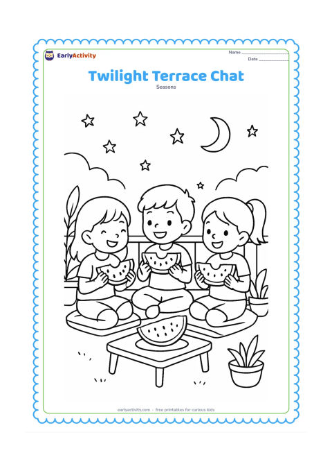 Colouring page: Draw three friends sitting on a terrace in the early evening, sharing slices of watermelon. Include cushions, a low table, potted plants, a crescent moon, and several first stars in the sky.