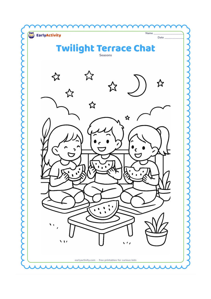 Colouring page: Draw three friends sitting on a terrace in the early evening, sharing slices of watermelon. Include cushions, a low table, potted plants, a crescent moon, and several first stars in the sky.
