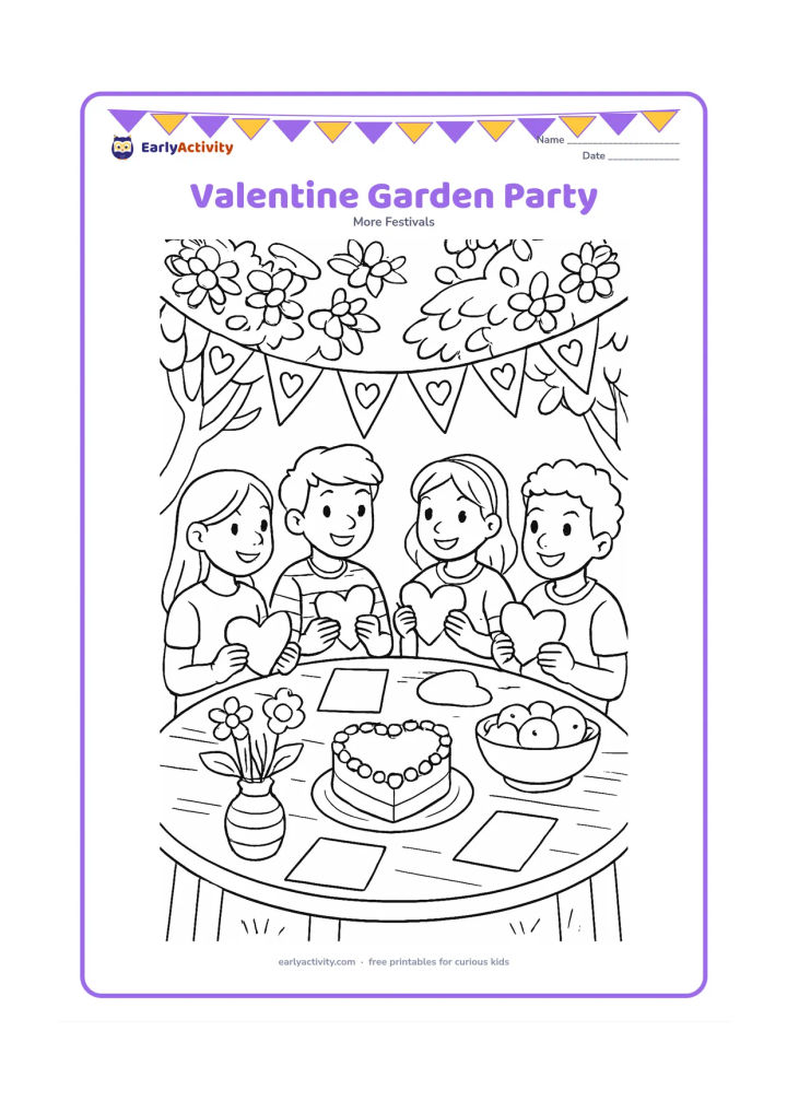 Colouring page: Four friends gather around a garden table with blank heart cards, flower vases, fruit, a heart-shaped cake, bunting, and a flowering tree overhead.