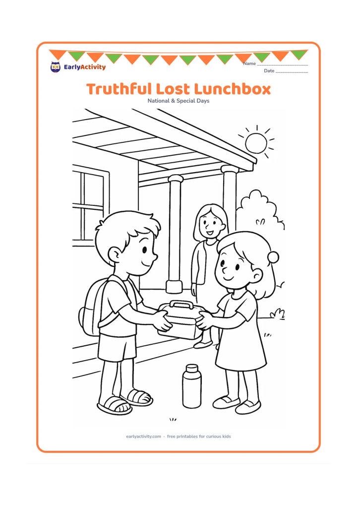 Colouring page: Show a child returning a plain lunchbox to its owner beneath a school verandah, while a teacher smiles nearby. Add sandals, a water bottle, a row of pillars and a sunny courtyard, with…