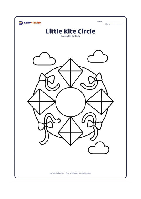 Colouring page: A circular mandala featuring four diamond-shaped kites flying outward from a plain central circle, with broad curved tails and large bow shapes repeated around them. Include a few simple…