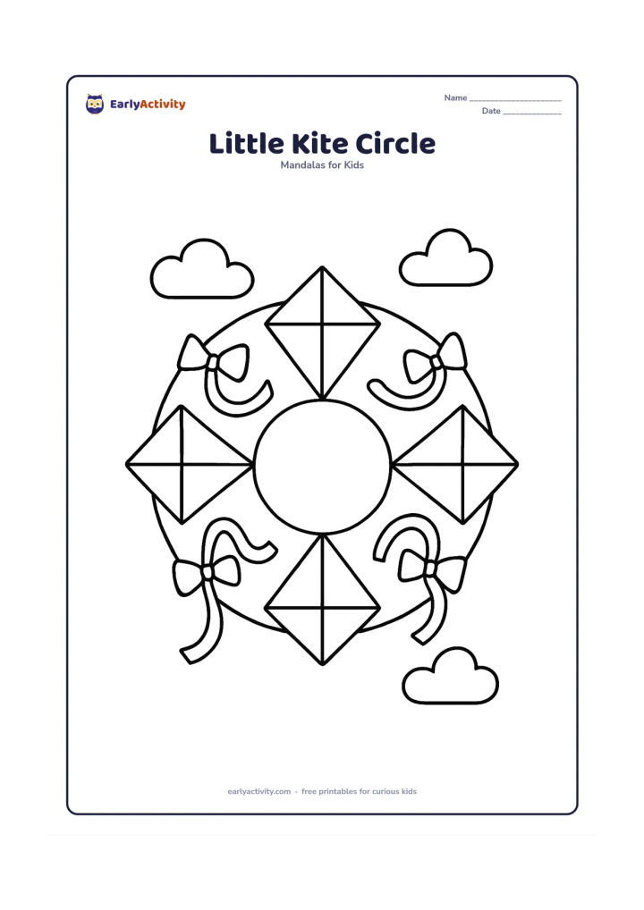 Colouring page: A circular mandala featuring four diamond-shaped kites flying outward from a plain central circle, with broad curved tails and large bow shapes repeated around them. Include a few simple…