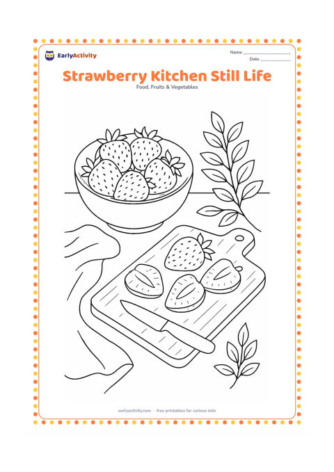 Colouring page: Draw a detailed kitchen still life with a bowl of whole strawberries, sliced strawberries, a small knife, a cloth, a wooden cutting board, and leafy herbs on a counter.