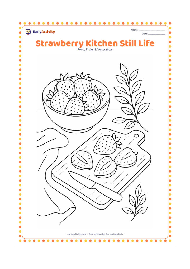 Colouring page: Draw a detailed kitchen still life with a bowl of whole strawberries, sliced strawberries, a small knife, a cloth, a wooden cutting board, and leafy herbs on a counter.