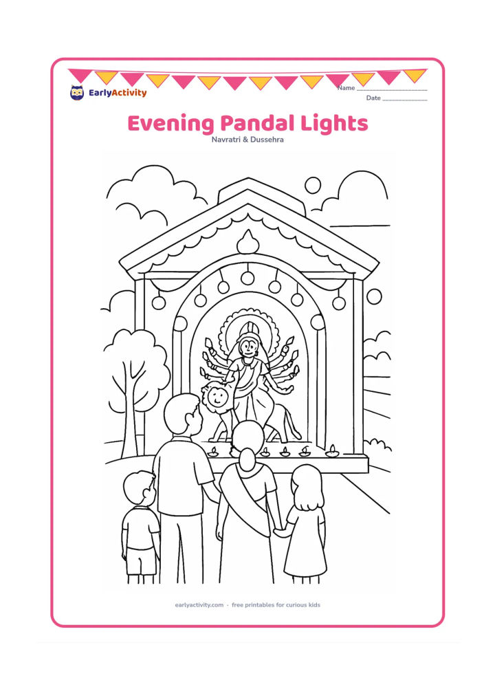 Colouring page: Families visit a brightly decorated Durga Puja pandal at evening, with rows of simple lamps and rounded hanging lights around the entrance. Show a tree, a street, and the Durga figure…