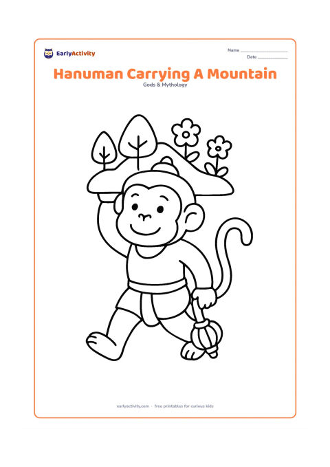 Colouring page: Hanuman walks while holding a small rounded mountain above his head, with a few simple trees and flowers on the mountain. His gada hangs at his side and his tail curves outward.
