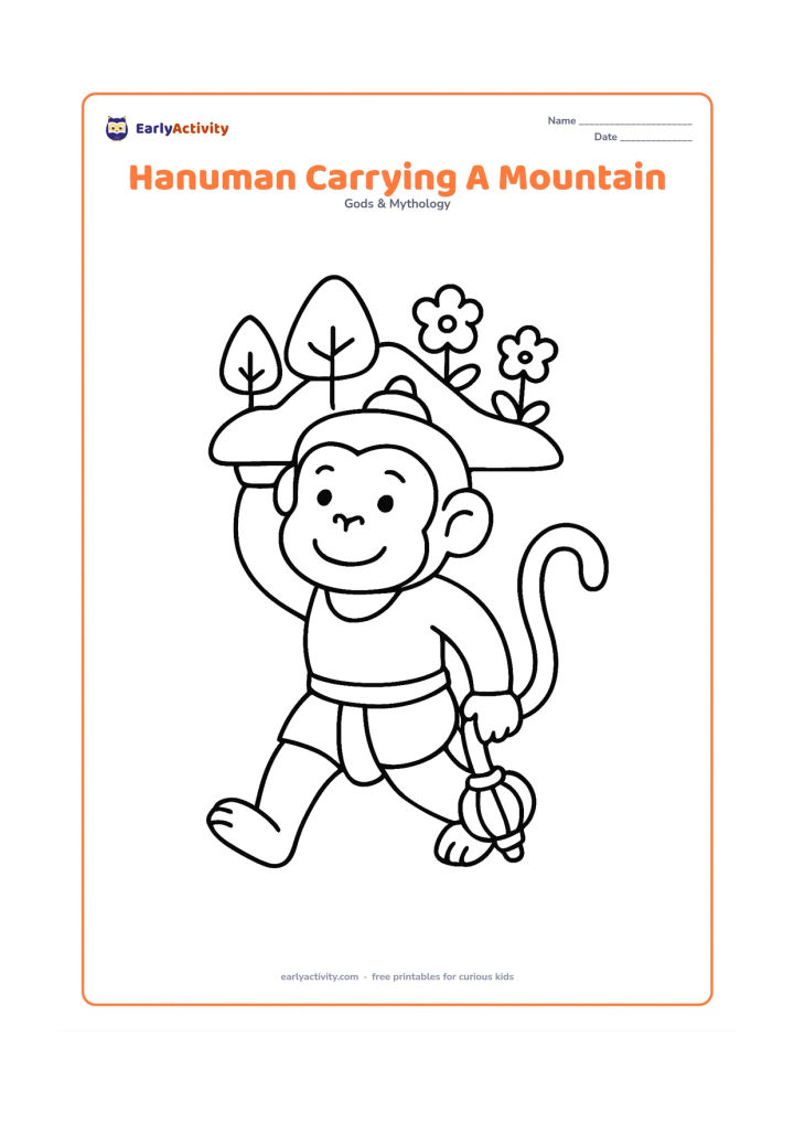 Colouring page: Hanuman walks while holding a small rounded mountain above his head, with a few simple trees and flowers on the mountain. His gada hangs at his side and his tail curves outward.