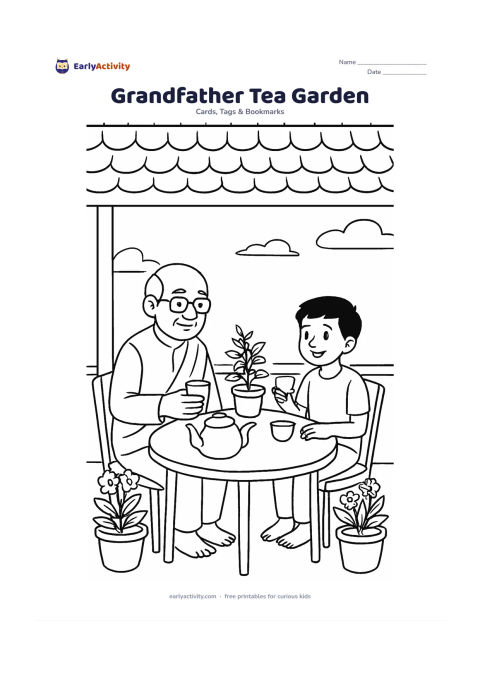 Worksheet: Draw a grandfather and child sharing tea at a small garden table on an Indian veranda, with a steel tumbler, teapot, potted tulsi plant and flowering pots. Include a shaded roof edge and…