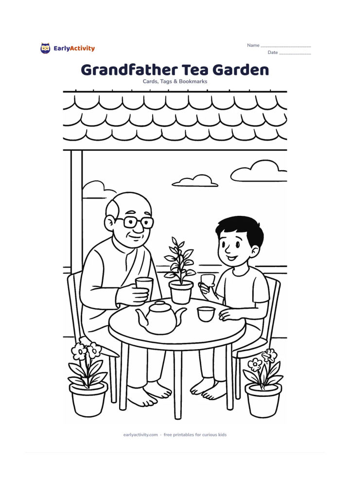 Worksheet: Draw a grandfather and child sharing tea at a small garden table on an Indian veranda, with a steel tumbler, teapot, potted tulsi plant and flowering pots. Include a shaded roof edge and…