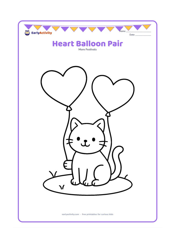 Colouring page: Two oversized heart-shaped balloons float above a simple smiling cat sitting on a rounded patch of grass.
