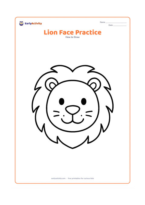 Worksheet: Show a centred front-facing lion face with a large circular mane, two round eyes, a triangular nose, curved mouth and simple whisker dots. Add a few large curved mane tufts around the…