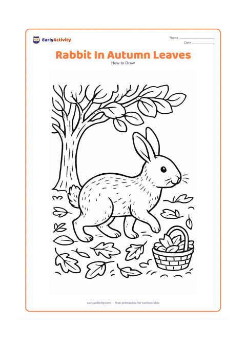 Worksheet: Show a rabbit walking through fallen leaves beneath a broad tree, with one front paw lifted, long ears, a fluffy tail and visible fur texture. Add layered ground leaves, branches and a…