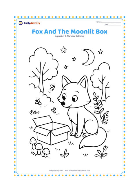 Colouring page: Draw a curious fox sitting beside an open box in a moonlit woodland clearing, with fireflies, mushrooms, ferns and a crescent moon. The box should be empty inside.