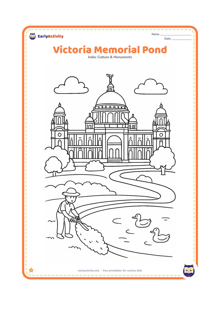 Colouring page: Show Victoria Memorial in Kolkata beyond a large pond, with its central dome, corner domes, colonnades and a curved garden path. Include a gardener trimming a hedge and two ducks near…