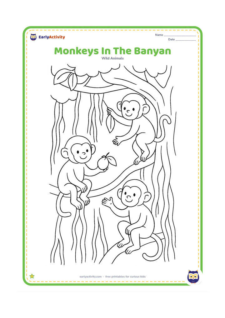 Colouring page: Draw three monkeys climbing and sitting among the hanging roots and branches of a banyan tree. One monkey holds a fruit while another reaches for a leaf.