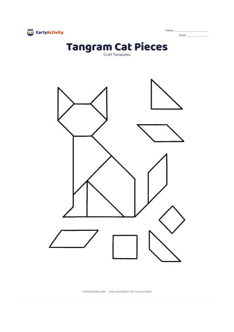 Worksheet: Arrange seven separate tangram-style geometric outlines that can be fitted into the silhouette of a sitting cat: triangles, a square, a parallelogram and a small diamond. Show the loose…