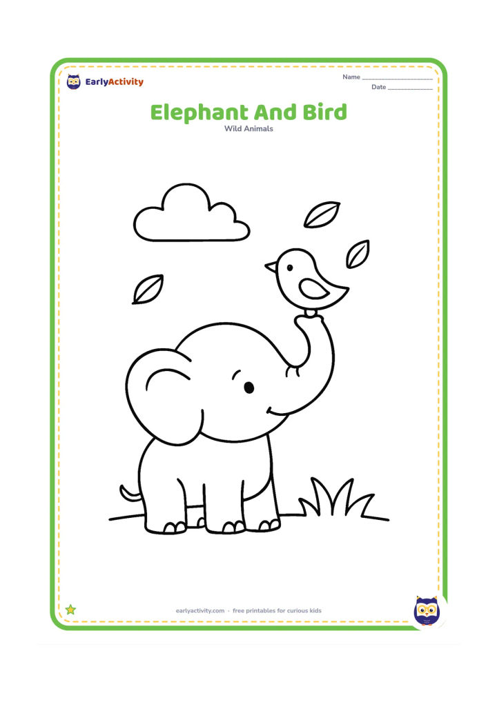 Colouring page: Draw a friendly elephant looking up at one small bird perched on its raised trunk. Add a simple grass line, one cloud and a few leaves drifting in the air.