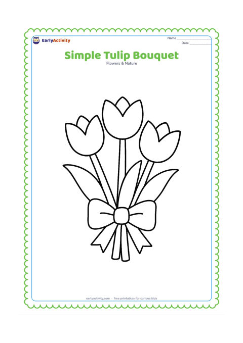 Colouring page: Draw a small bouquet of three tulips held together by a broad ribbon shape, with thick stems and large leaves gathered below. Keep the bouquet silhouette clear and open.