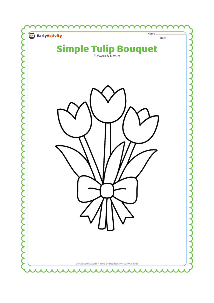 Colouring page: Draw a small bouquet of three tulips held together by a broad ribbon shape, with thick stems and large leaves gathered below. Keep the bouquet silhouette clear and open.