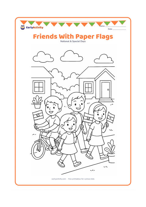 Colouring page: Four children walk together along a neighbourhood lane, each carrying a small Indian paper flag. Include a bicycle, house fronts, potted plants and overhead clouds.
