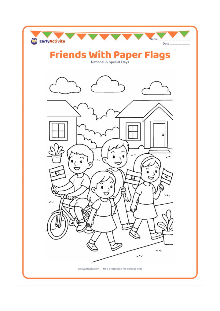 Colouring page: Four children walk together along a neighbourhood lane, each carrying a small Indian paper flag. Include a bicycle, house fronts, potted plants and overhead clouds.