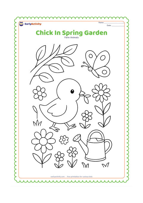 Colouring page: Draw a chick carrying a small leaf in its beak through a spring garden. Add several different flowers, a butterfly, a watering can, and a leafy tree branch.