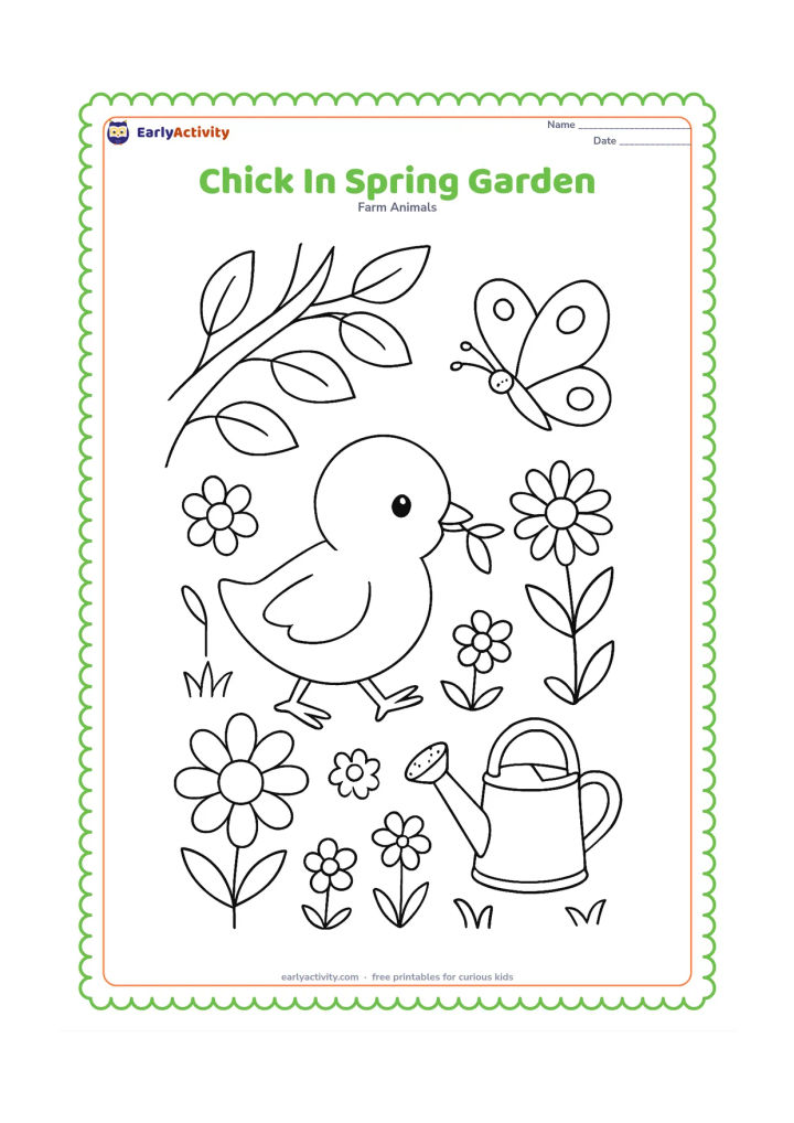 Colouring page: Draw a chick carrying a small leaf in its beak through a spring garden. Add several different flowers, a butterfly, a watering can, and a leafy tree branch.